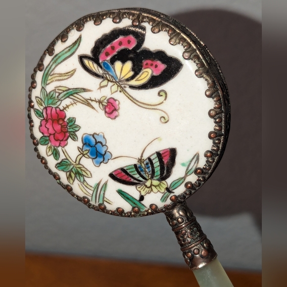 Butterfly Purse size Hand Mirror With Ornate Trim and Green Handle - Picture 6 of 9